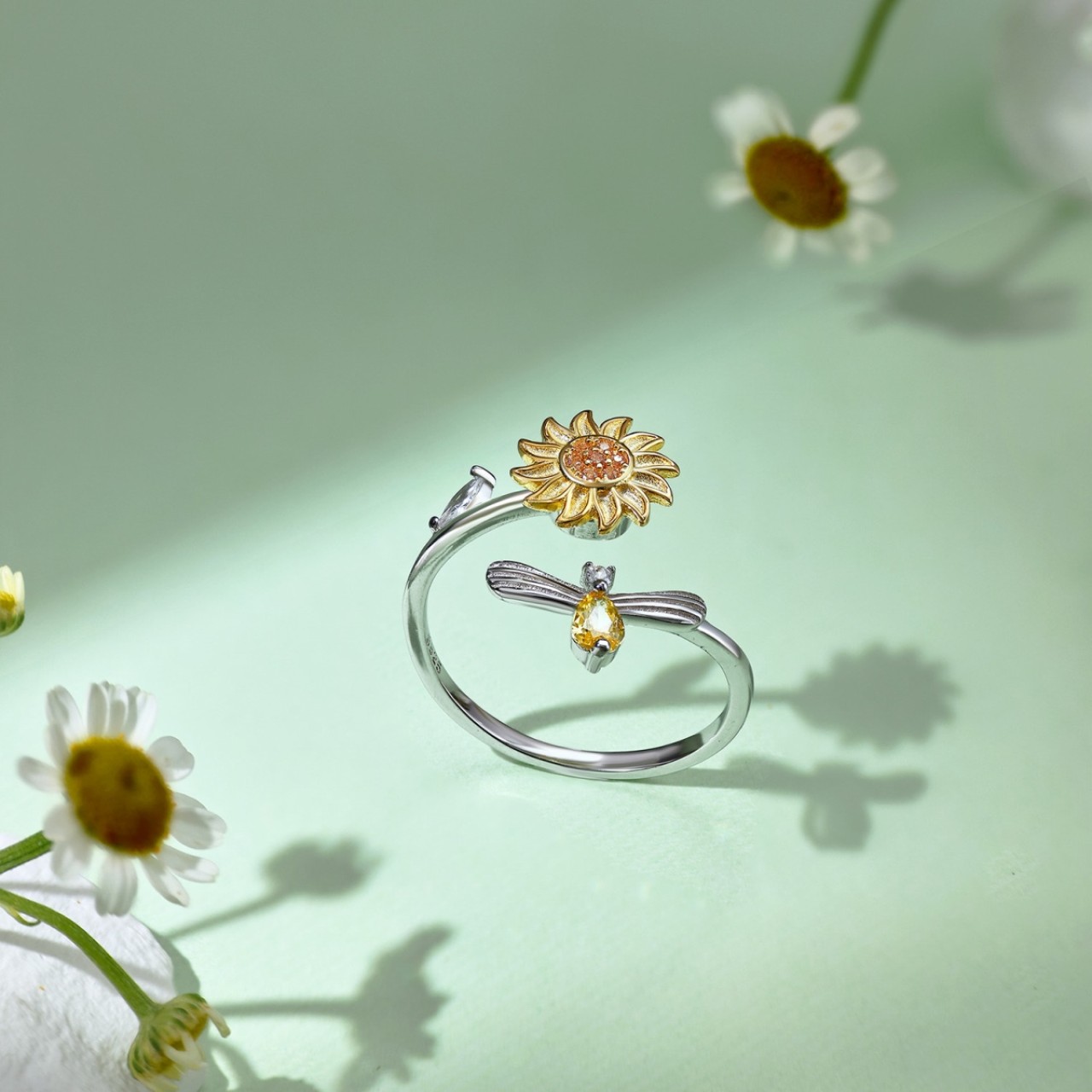 S925 sterling silver sunflower open adjustable ring