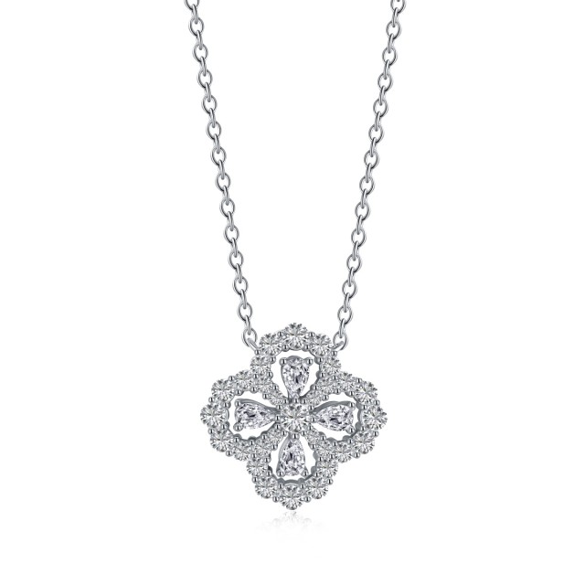 Sterling Silver Four Leaf Clover White Zircon Necklace