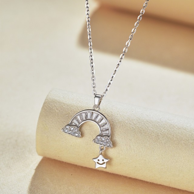 S925 pure silver round zircon inlaid semi-circular pendant necklace