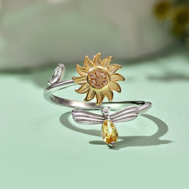 S925 sterling silver sunflower open adjustable ring